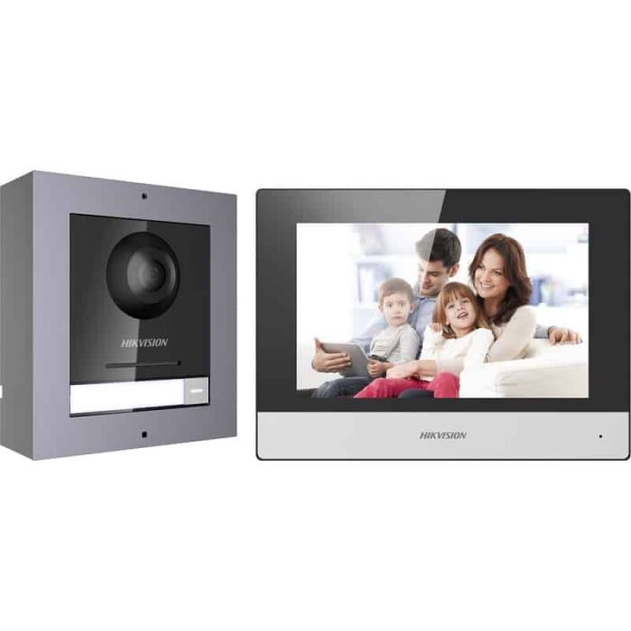 DS-KIS602 | IP INTRCOME  Kits | Hikvision باكج انتركوم هيك فيجن يحتوي علي 1 كاميرا فتح باب  مع 1 شاشة داخلية تعمل باللمس بدقة عدسة 2 ميجا بيكسل يدعم تطبيق الجوال